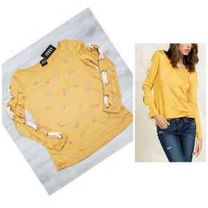 NEW Embroidered Celestial Stars Galaxy Lace-Up Top in Mustard
